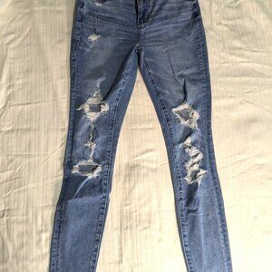 American Eagle Sz 2 Super High Rise Jegging Jeans Lt Blue Distressed Stretch
